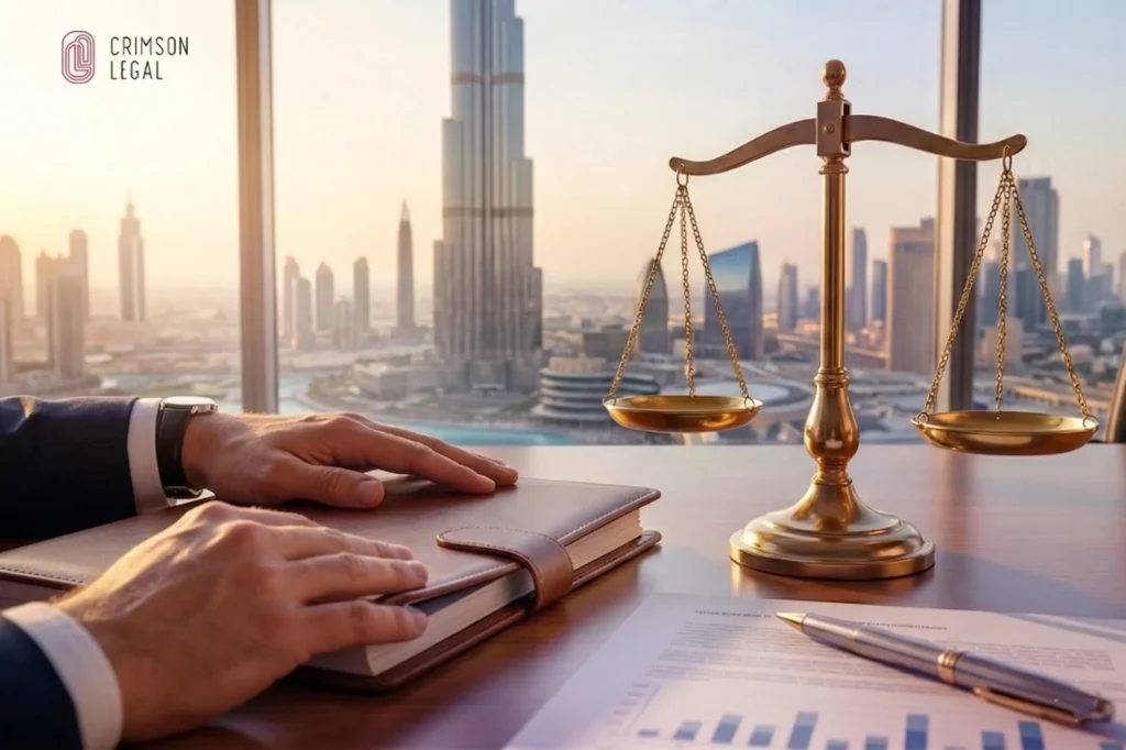 A lawyer's hands opening a leather case by scales of justice and a Dubai view, Crimson Legal.