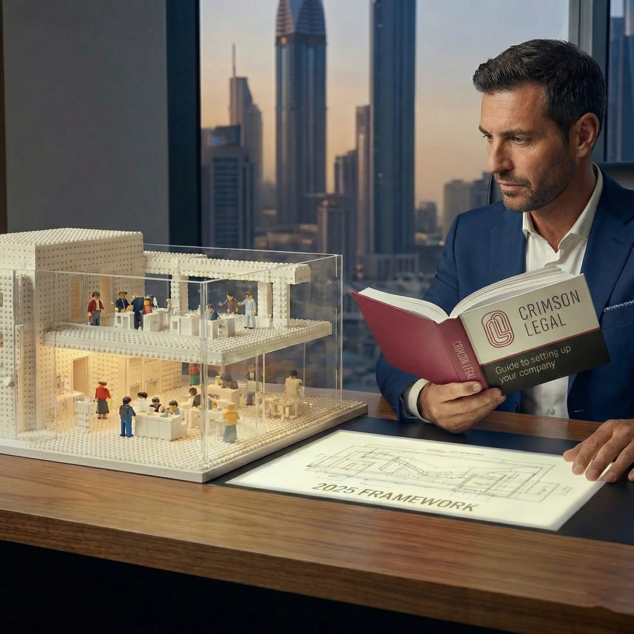 A professional man reads Crimson legal guide beside an architectural block model and illuminated blueprint