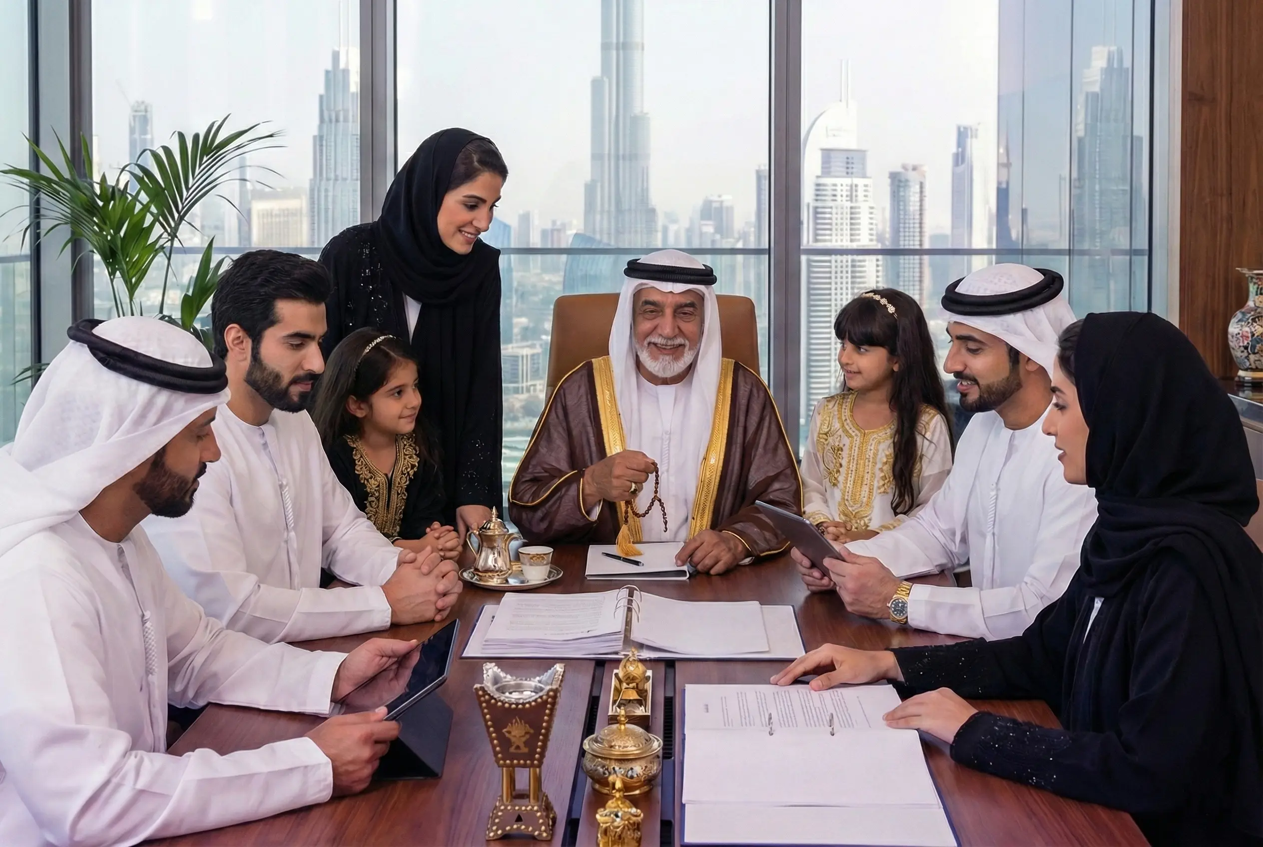 Gathers an Emirati family manage their business with their patriarch in a modern office overlooking Dubai's skyline.