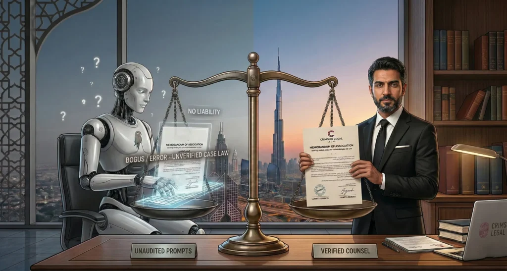 Legal scales weigh unaudited digital prompts against verified professional counsel