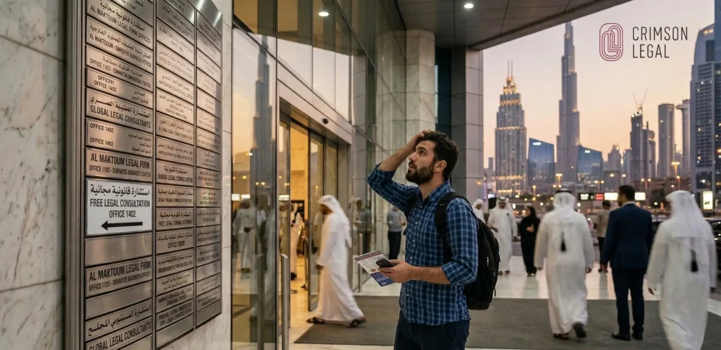 A confused man checks a directory outside a Dubai tower with the Burj Khalifa towering in the background sunset.