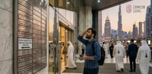 A confused man checks a directory outside a Dubai tower with the Burj Khalifa towering in the background sunset.