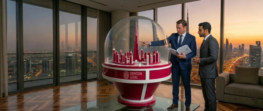 Crimson Legal executives collaborate over a large holographic map of Dubai within a futuristic city office at sunset.