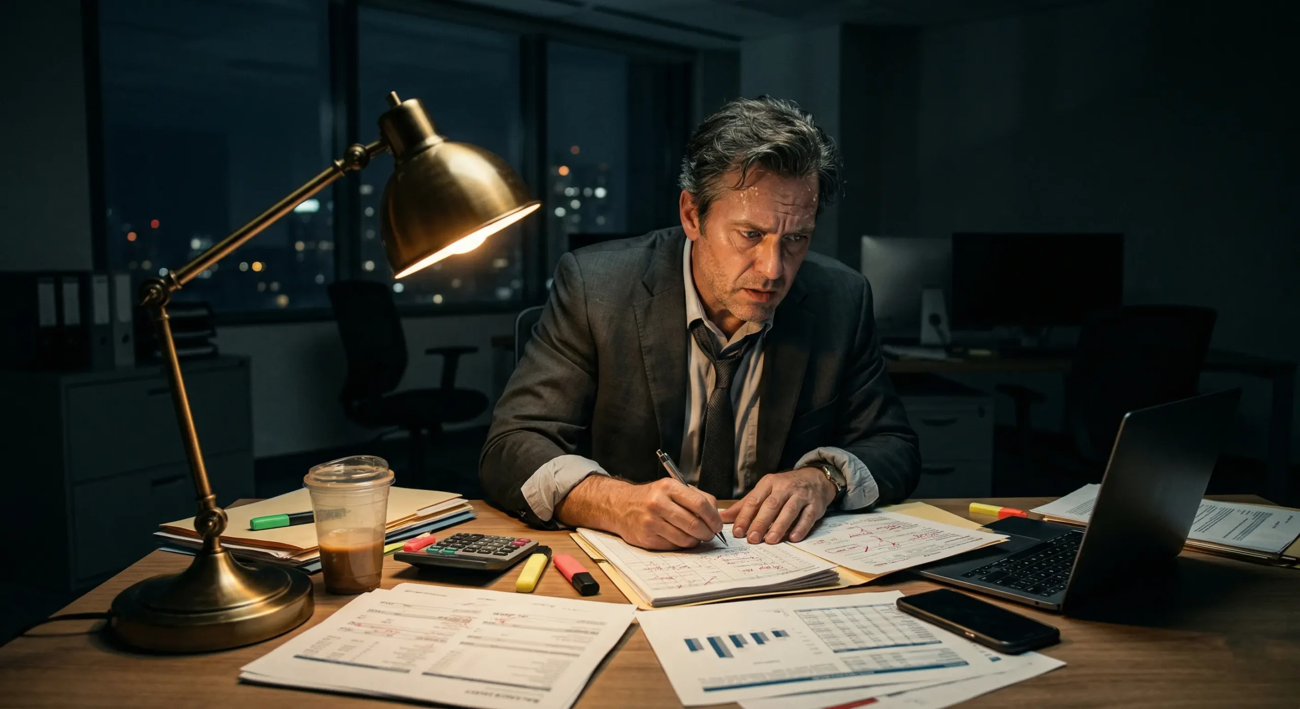 Focused businessman diligently reviews financial papers under a desk lamp in a late-night high-rise office.