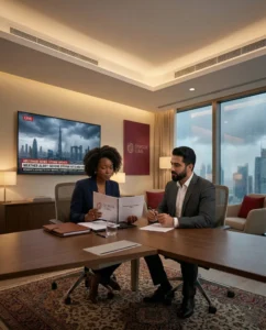 Lawyers at Crimson Legal meet as a severe storm is shown on TV discussing about Force Majeure and UAE Employment Laws During Crises and Wars
