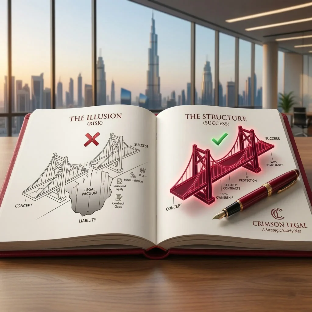 Open book contrasts broken risk bridge and solid successful bridge.