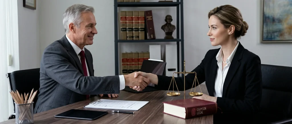 Two professionals handshake, finalizing a deal in an office marked by a Crimson Legal text