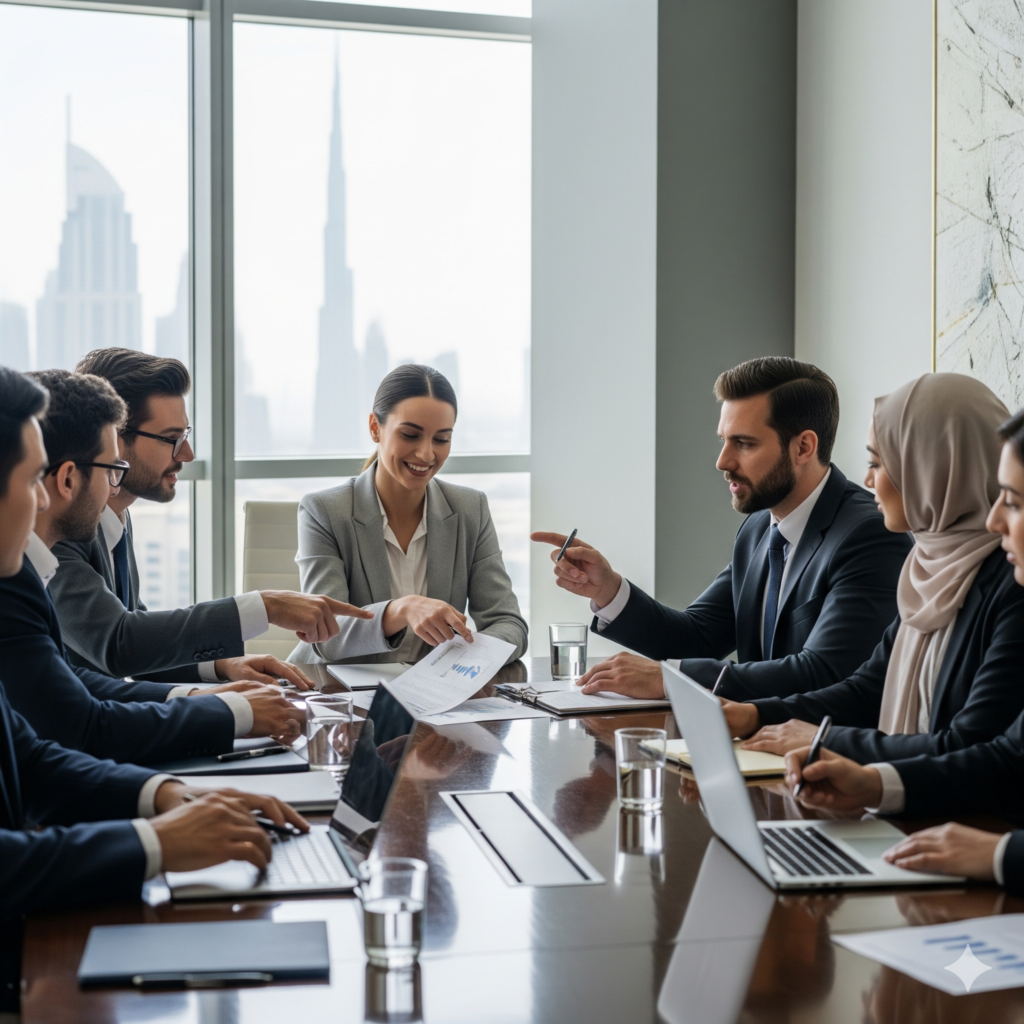 SME founders and corporate lawyers discuss UAE scaling strategies at the Crimson Legal Dubai office.