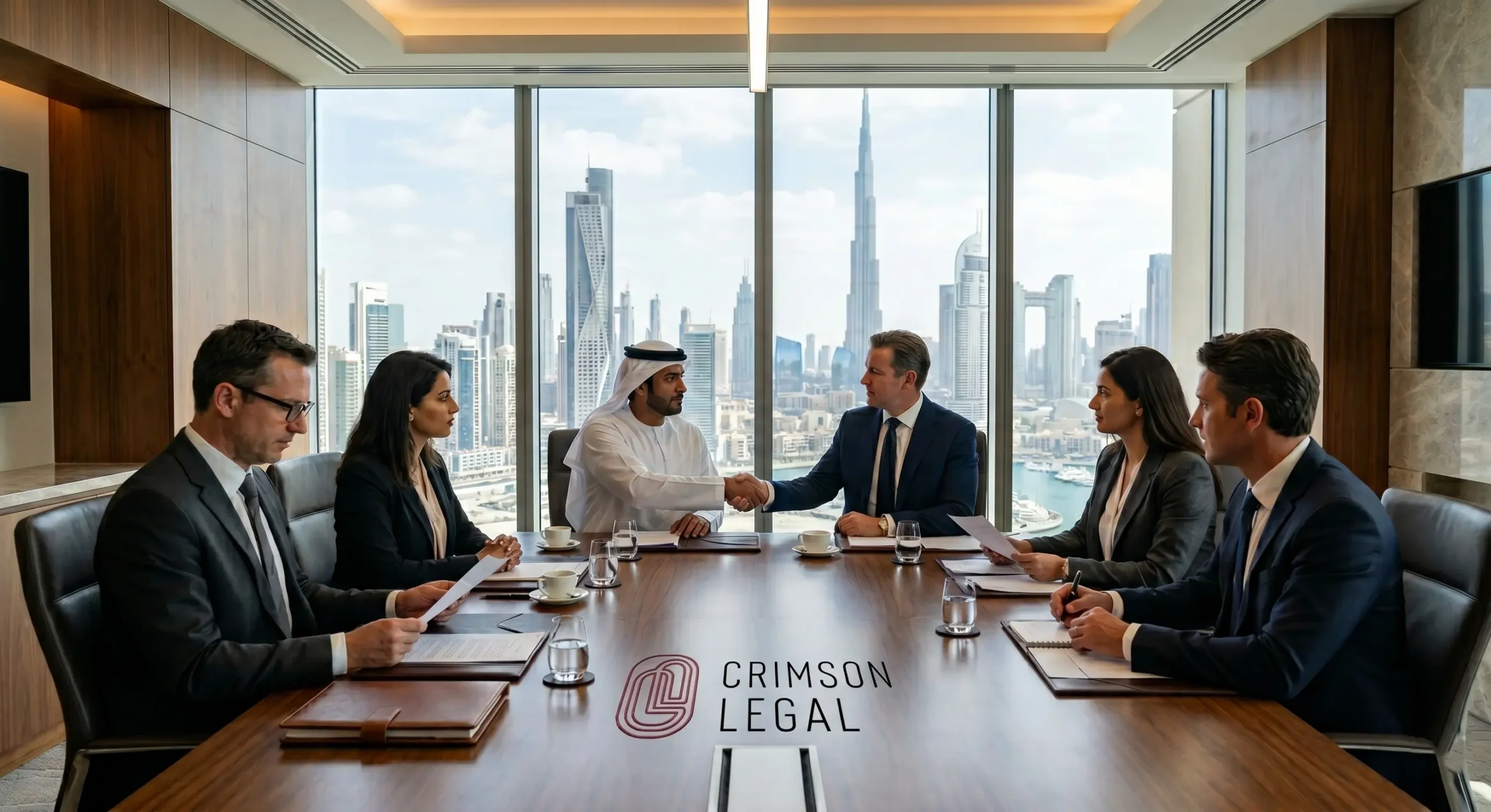 Investors and Crimson Legal lawyers shake hands, sealing a major deal in a Dubai boardroom overlooking Burj Khalifa.