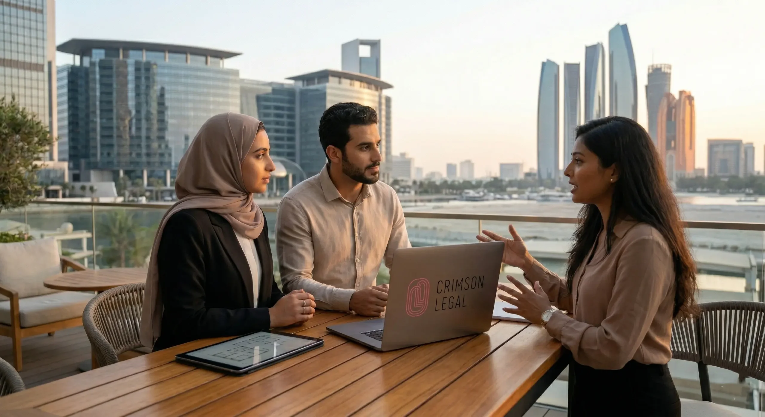 Professionals collaborate on data analysis at Crimson Legal, a modern coffee with a city view.