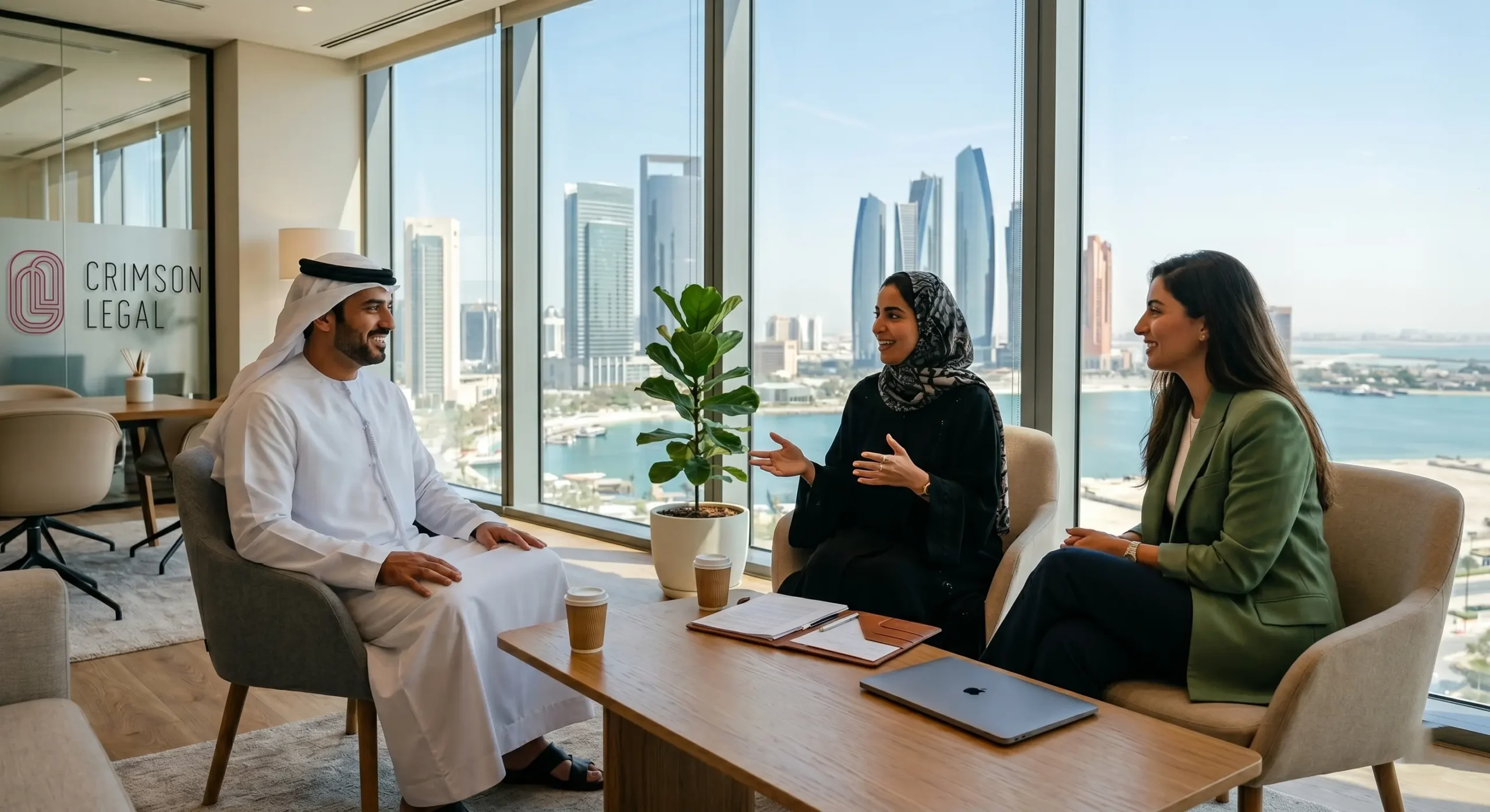 Three professionals converse in a bright Abu Dhabi office displaying the Crimson Legal glass logo.