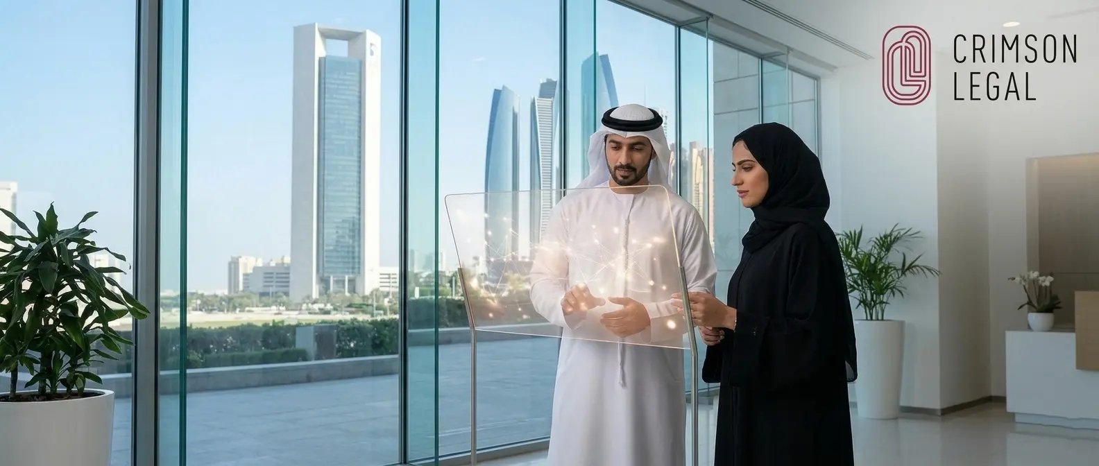 Two Emirati professionals at CRIMSON LEGAL explore an advanced AI application in a modern office.