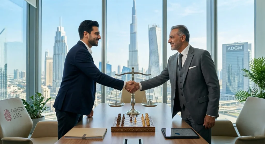 Two businessmen shake hands in a modern high-rise office with Dubai skyline and legal scales.