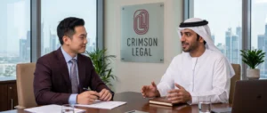 A Chinese or South Korean executive consults a Crimson Legal representative to strategize securing his UAE Golden Visa.
