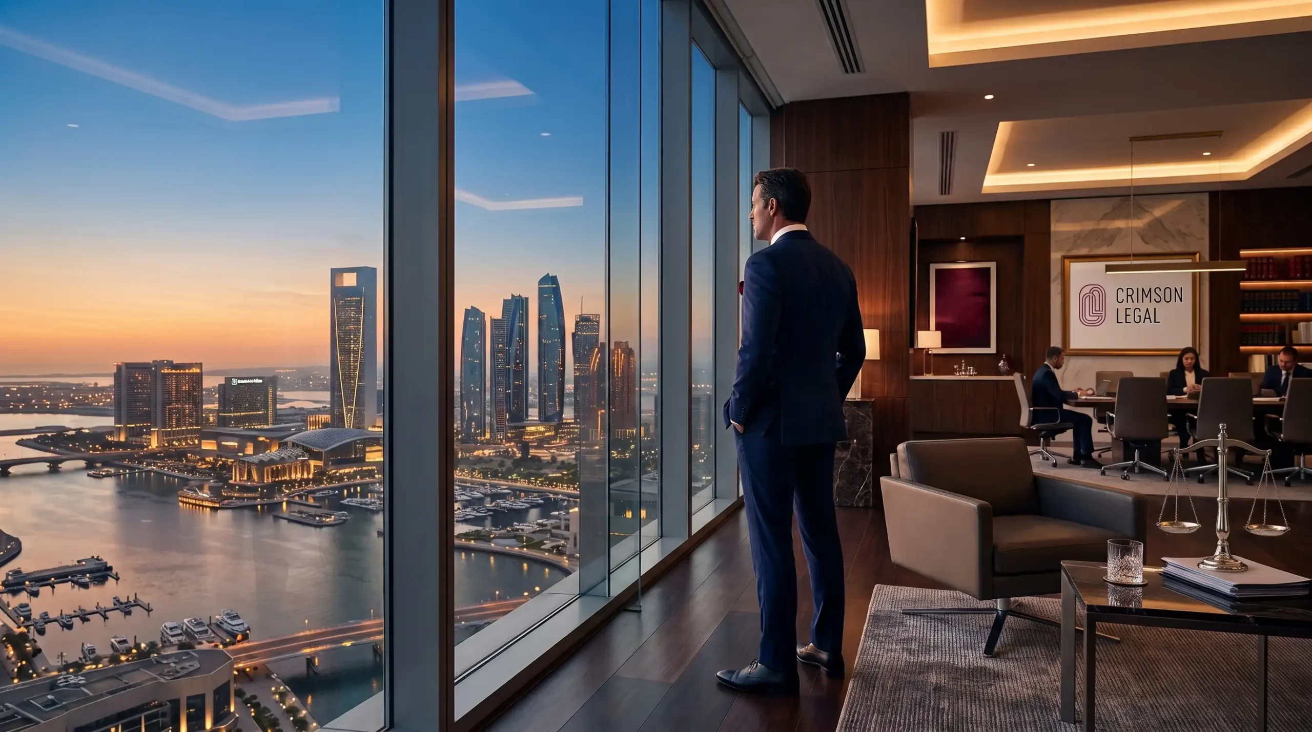 A high-end cinematic wide shot of a luxury corporate law firm office inside a skyscraper
