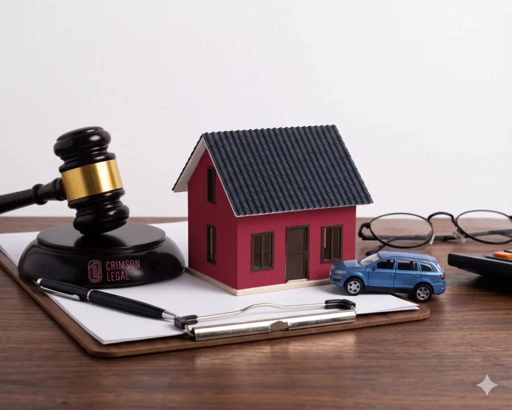 A professional legal scene at a wooden desk depicting assets such as a model house and a car, with Crimson Legal's gavel to discuss 'Family and Real Estate in Dubai'.