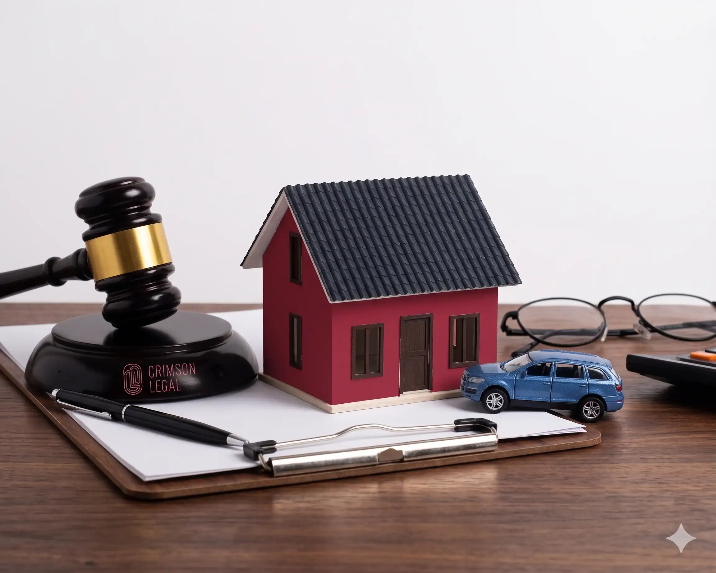 A professional legal scene at a wooden desk depicting assets such as a model house and a car, with Crimson Legal's gavel to discuss 'Family and Real Estate in Dubai'.