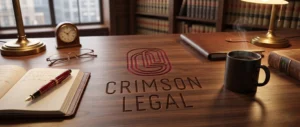 A wooden desk featuring the Crimson Legal logo, a pen, and coffee, represents UAE Corporate Tax Compliance 2026 advisory work.