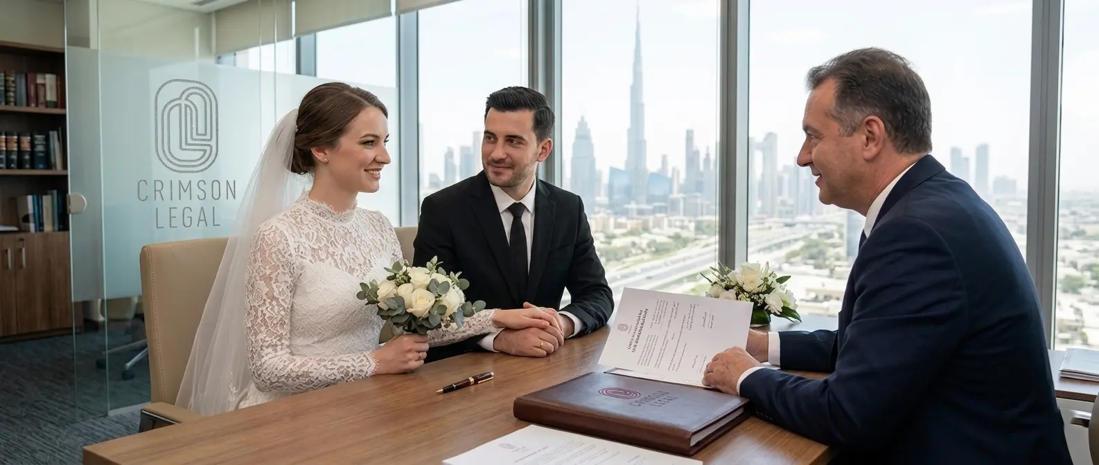 Crimson Legal lawyer officiates a civil marriage for two non-Muslim UAE residents under the Civil Personal Status Law in Dubai.