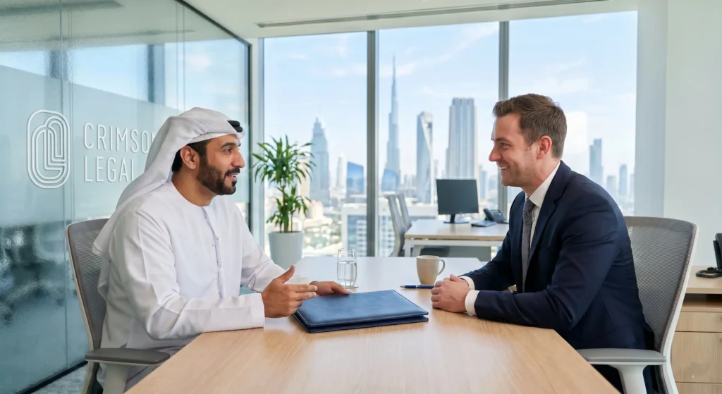 Crimson Legal’s lawyer guides an international investor. Detailing 2026 Emiratization quotas for seamless legal compliance across the UAE.