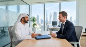 Crimson Legal’s lawyer guides an international investor. Detailing 2026 Emiratization quotas for seamless legal compliance across the UAE.