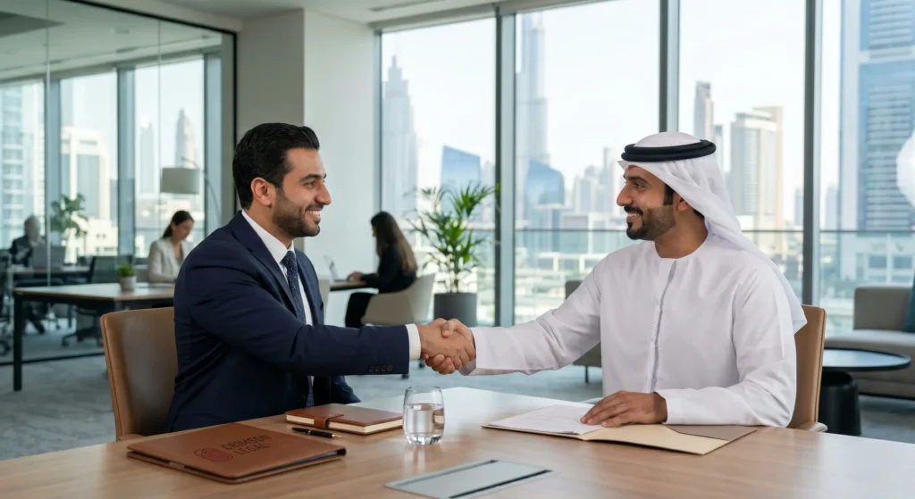 Handshake between an Emirati and a suited man across a conference table with documents, representing an official Crimson Legal business agreement