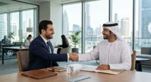 Handshake between an Emirati and a suited man across a conference table with documents, representing an official Crimson Legal business agreement
