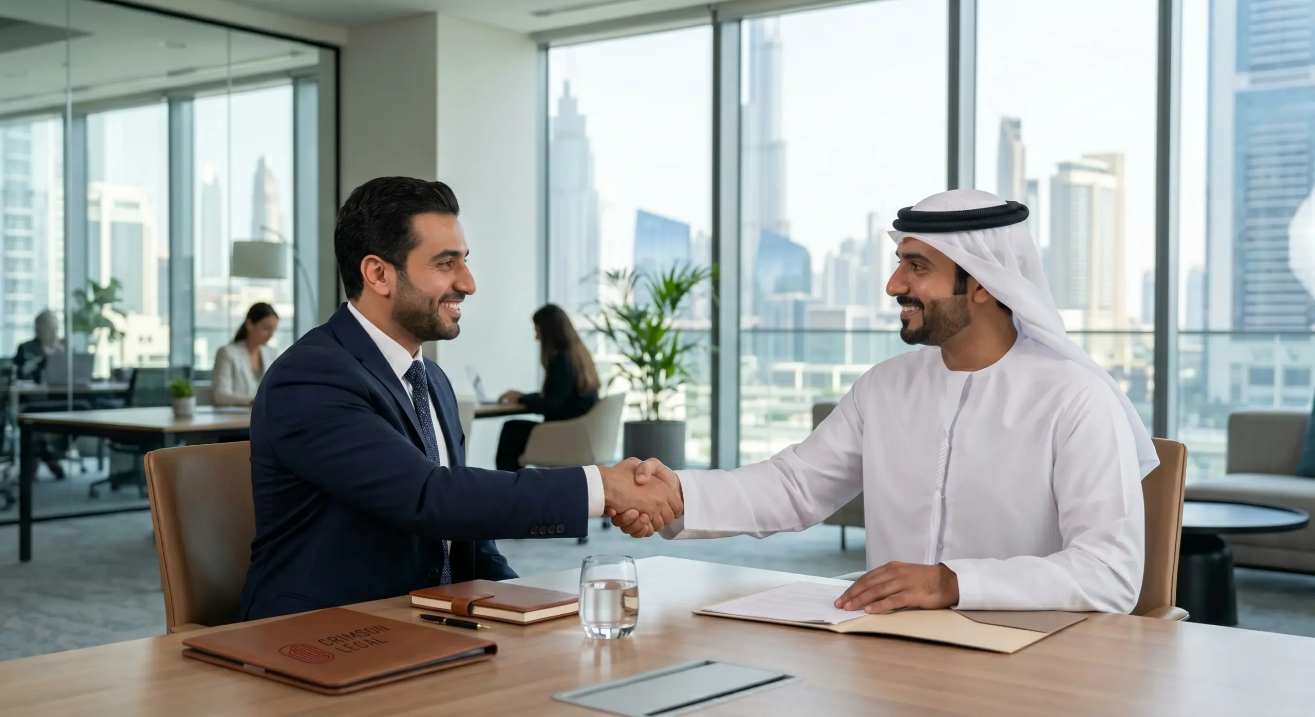 Handshake between an Emirati and a suited man across a conference table with documents, representing an official Crimson Legal business agreement