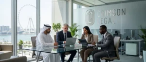 Professional meeting in a modern Dubai office overlooking Ain Dubai, featuring a diverse group, with the Crimson Legal logo on the wall.