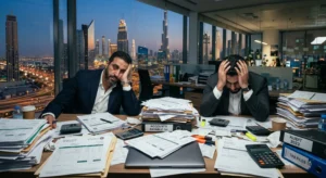 Professionals analyze technical data and documents in a modern office to Maximize UAE R&D Tax Credit in Dubai.