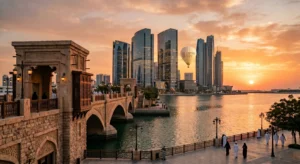 Traditional and modern Abu Dhabi blend at sunset under a Crimson Legal balloon, illustrating UAE Legal Defense and Corporate Strategy.