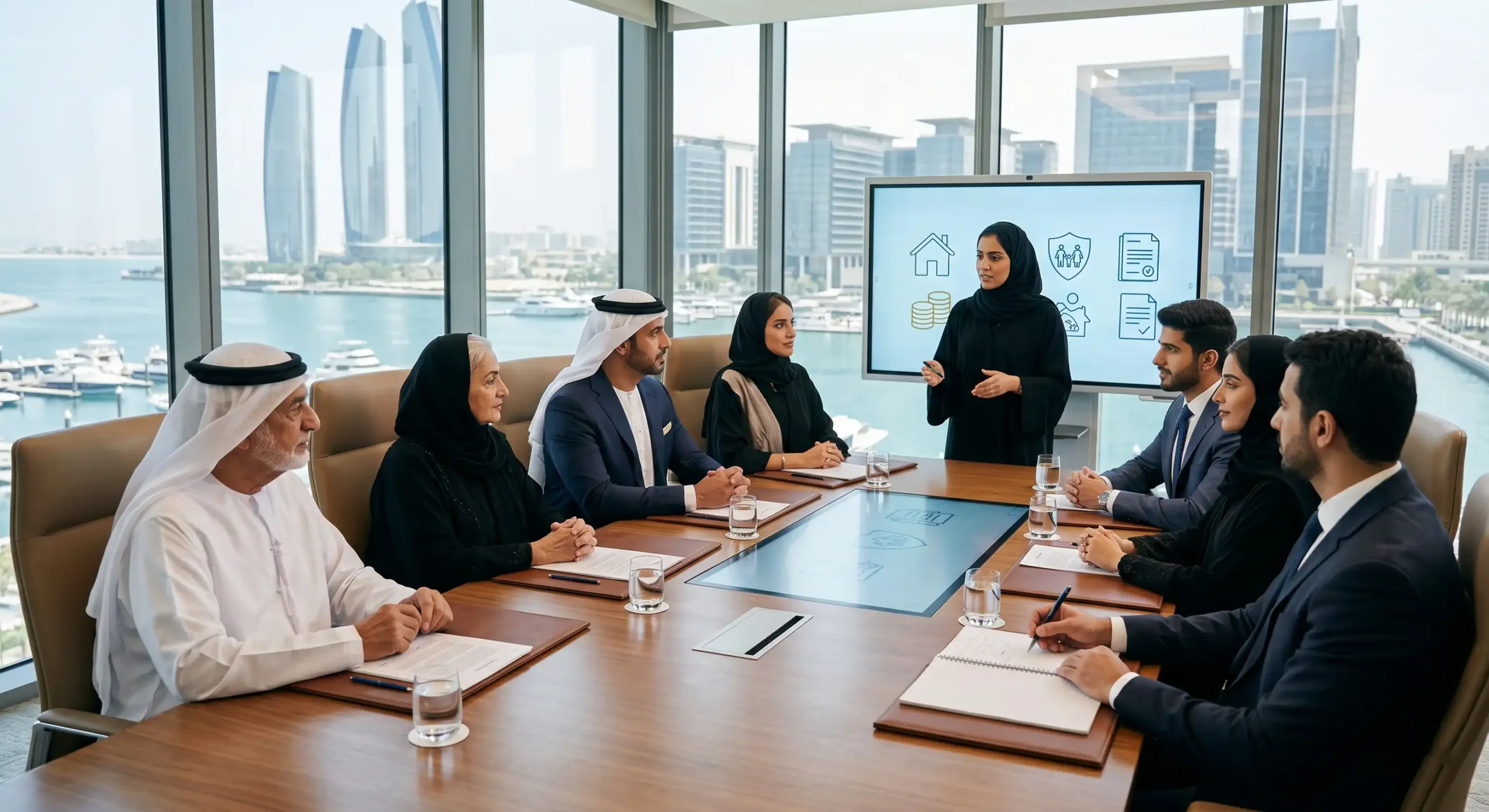 A group of professionals in a modern boardroom discussing strategies for establishing Single Family Offices in ADGM, with Abu Dhabi skyline behind.