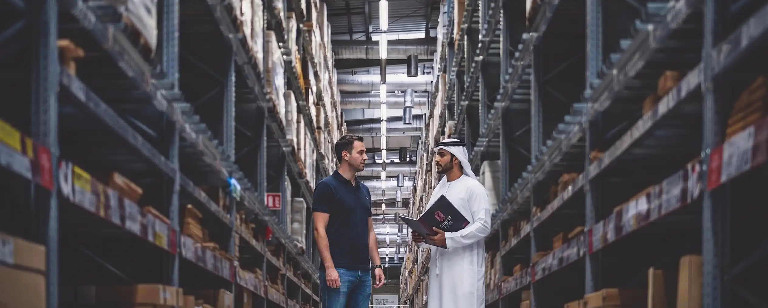 An Emirati and Western businessman meet in a busy Dubai warehouse, with a Crimson Legal booth prominent