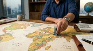 A professional man at a desk places a model on a map next to clear text states 'Crimson Legal Law Firm provides comprehensive legal solutions to help you manage the transfer and operation of your global company within the UAE