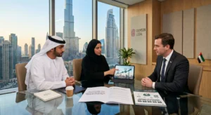 Professionals discuss legal agreements in a Dubai high-rise office with Burj Khalifa views at Crimson Legal the best business lawyer Abu Dhabi
