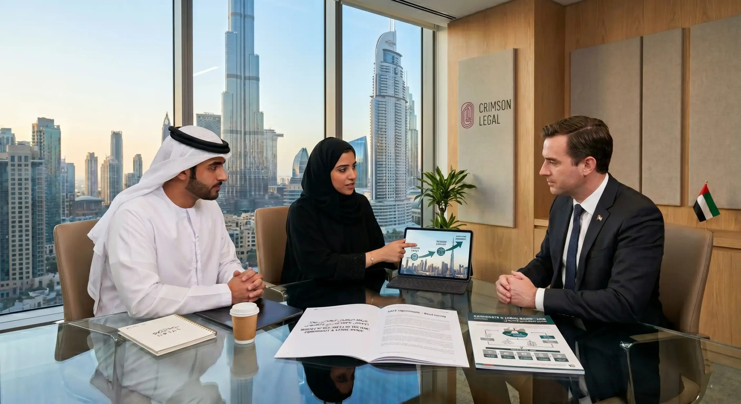 Professionals discuss legal agreements in a Dubai high-rise office with Burj Khalifa views at Crimson Legal the best business lawyer Abu Dhabi