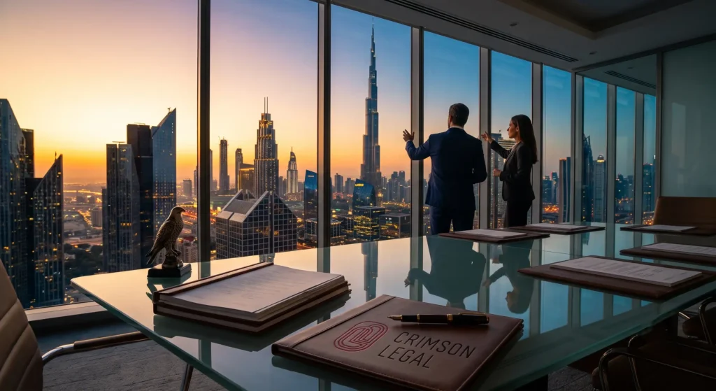 A global company representative discussing the relocation of the companys headquarters to the United Arab Emirates with a lawyer from Crimson Legal