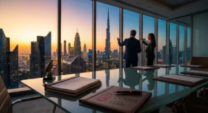 A global company representative discussing the relocation of the companys headquarters to the United Arab Emirates with a lawyer from Crimson Legal