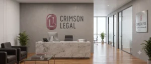A modern, empty office reception with marble desk and empty waiting area, featuring the CRIMSON LEGAL logo on the wall.