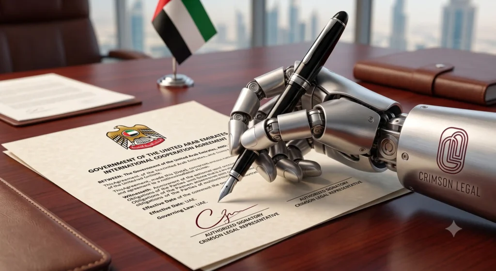 A precise robotic arm with Crimson Legal logo signs a formal UAE Government international cooperation agreement on refined wooden desk related to docusign in uae