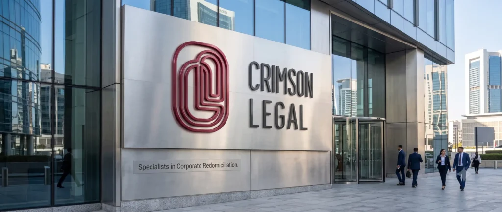 A professional exterior view of Crimson Legal, with a prominent sign clearly identifying their specialization in corporate redomiciliation