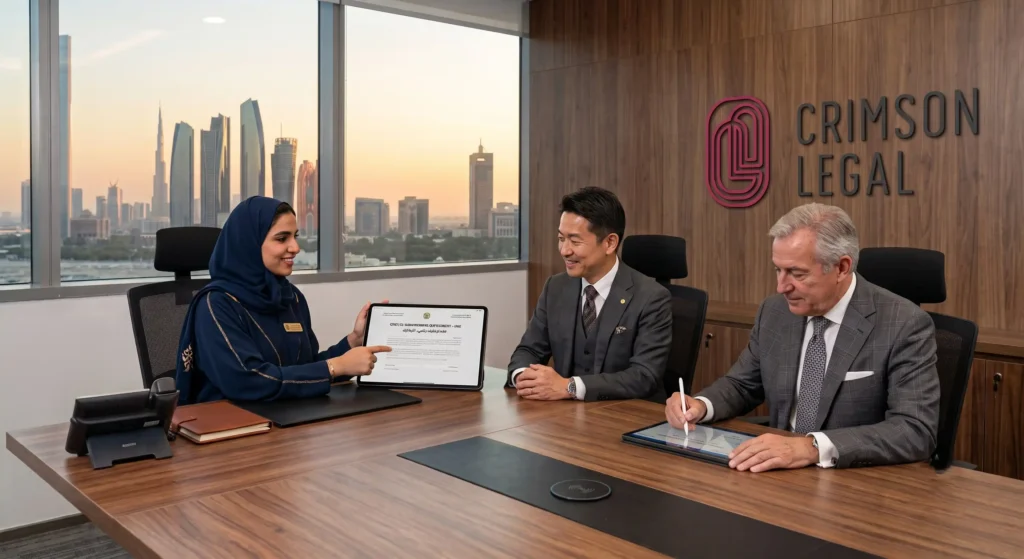 Lawyers discussing the corporate and regulatory framework of the United Arab Emirates within Crimson legal consultancy office in Abu Dhabi