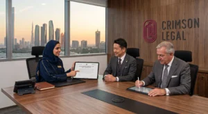 Lawyers discussing the corporate and regulatory framework of the United Arab Emirates within Crimson legal consultancy office in Abu Dhabi