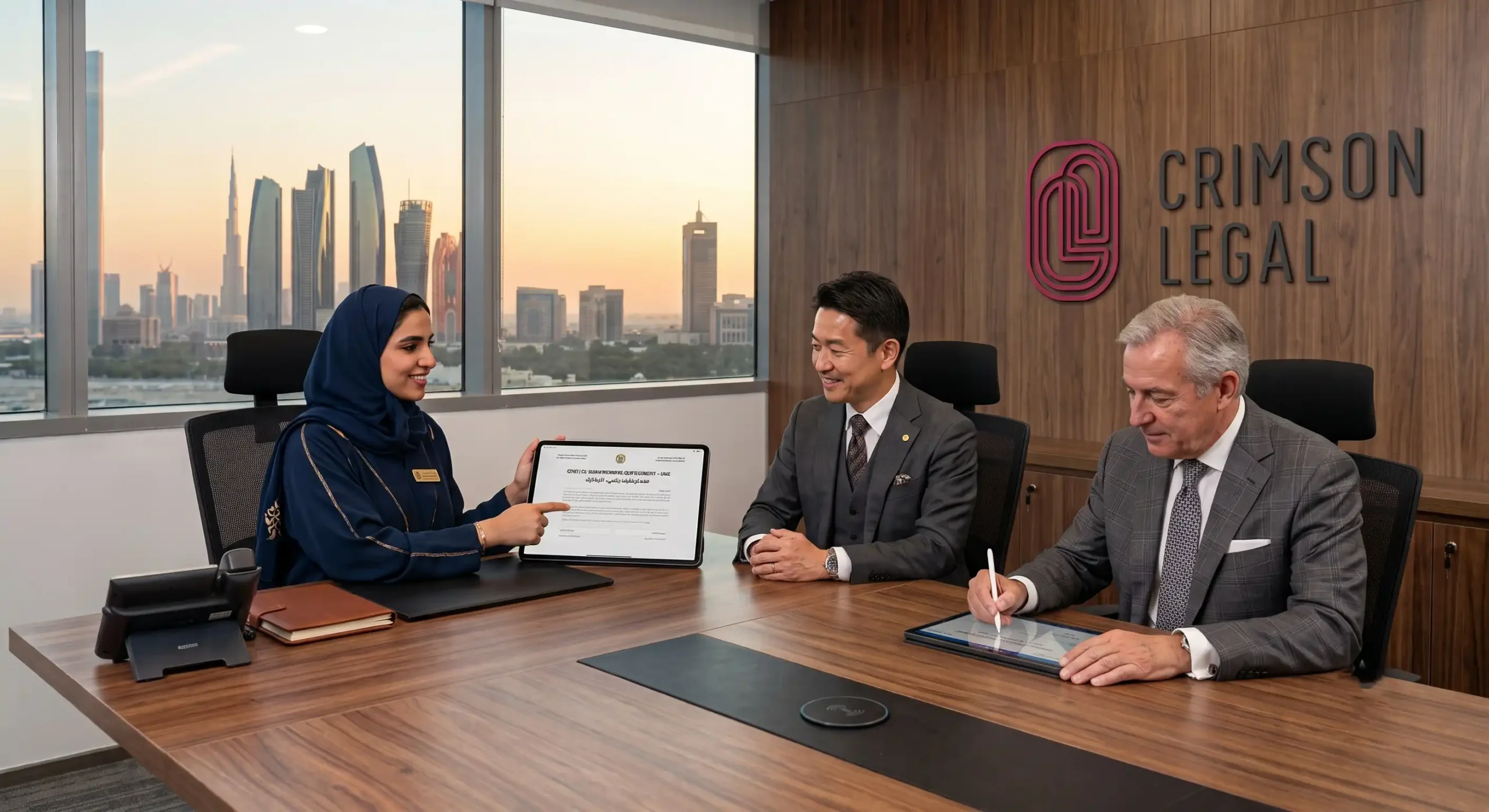 Lawyers discussing the corporate and regulatory framework of the United Arab Emirates within Crimson legal consultancy office in Abu Dhabi