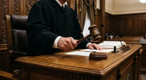 A judge in a black robe sits at a wooden courtroom bench, holding a wooden gavel.