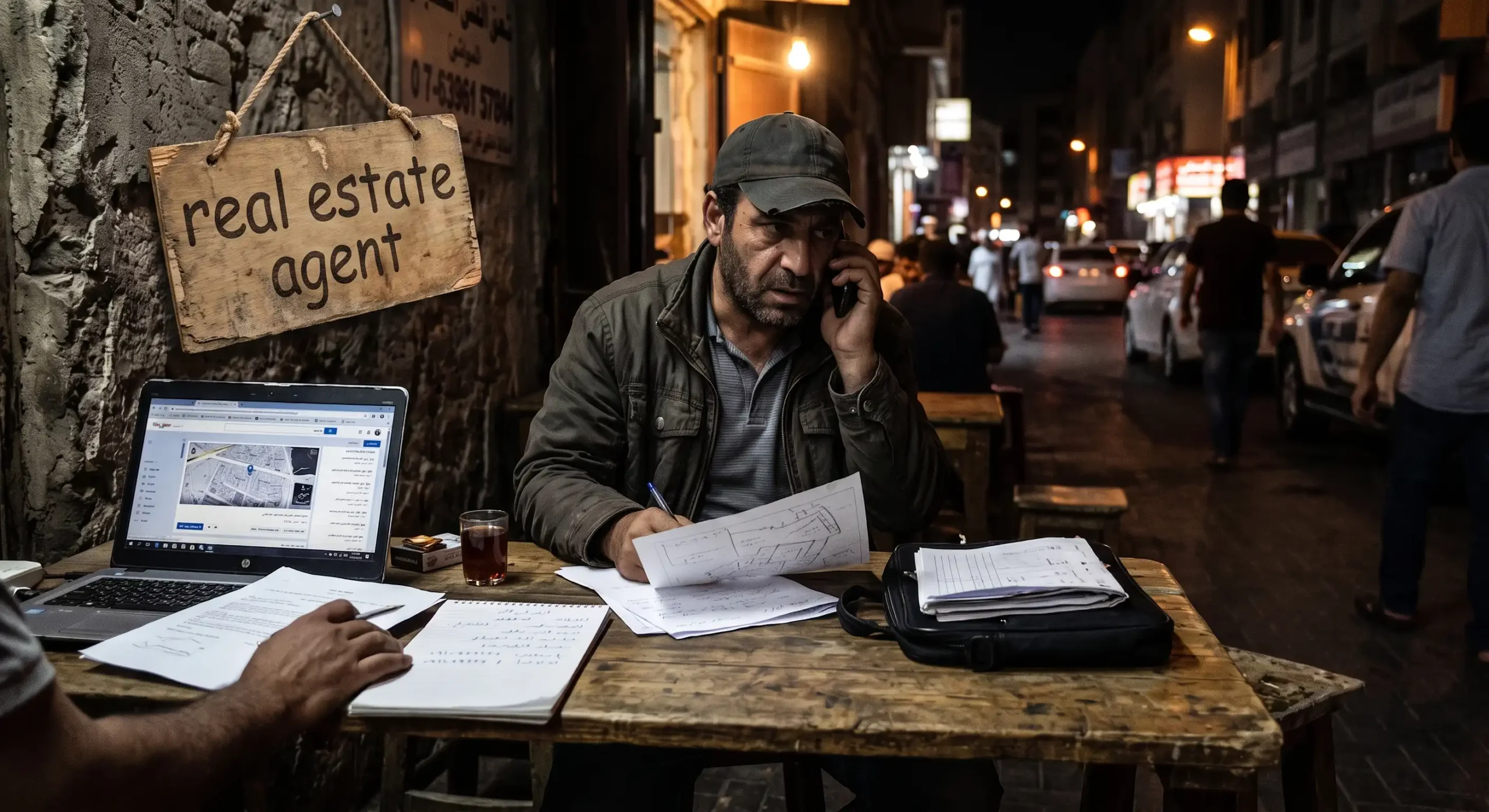 A man works as unlicensed real estate agent at a table on a busy night street, talking on phone and writing.