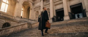 Golden sunlight strikes a robed lawyer climbing grand courthouse stairs, gripping a leather briefcase embossed with the Crimson Legal logo.