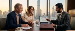 Wealthy expatriate clients and their private lawyer carefully review an English will inside a luxurious office overlooking the Dubai skyline.