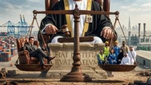 A giant Emirati judge balances a rich businessman against diverse workers on large scales in the Jebel Ali industrial area