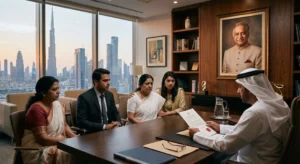 A solicitor reads a will to an expatriate family gathered inside a luxury Dubai office featuring a stunning skyline view
